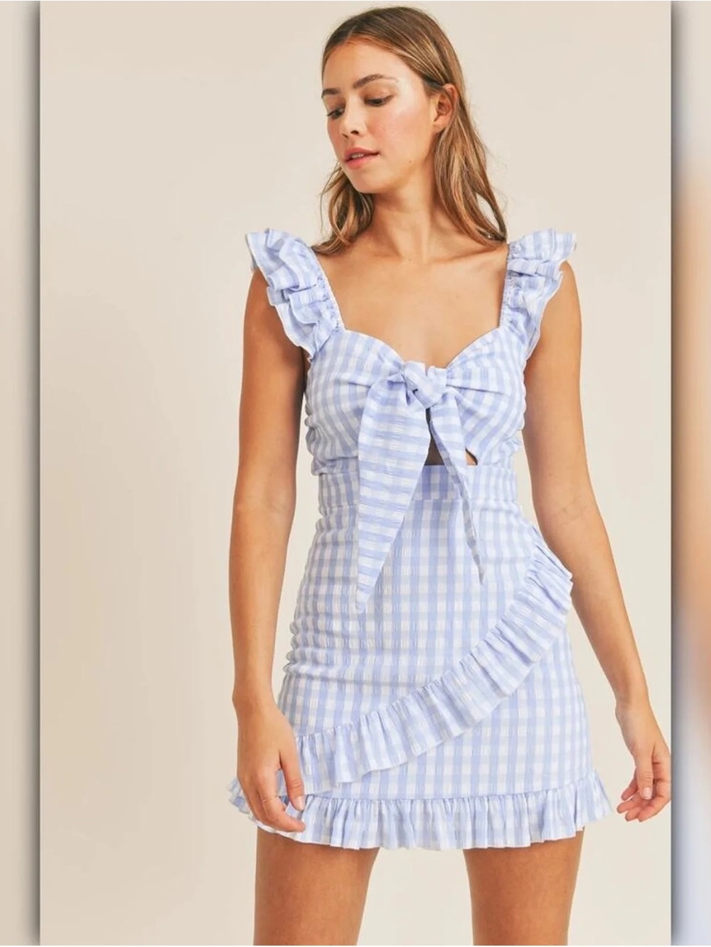 Blue Gingham Mini Dress with Ruffle Detail